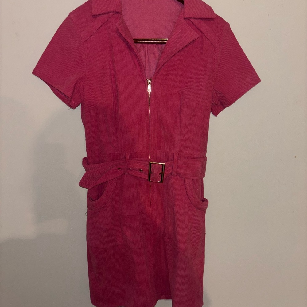 Pink Corduroy Belted Dress